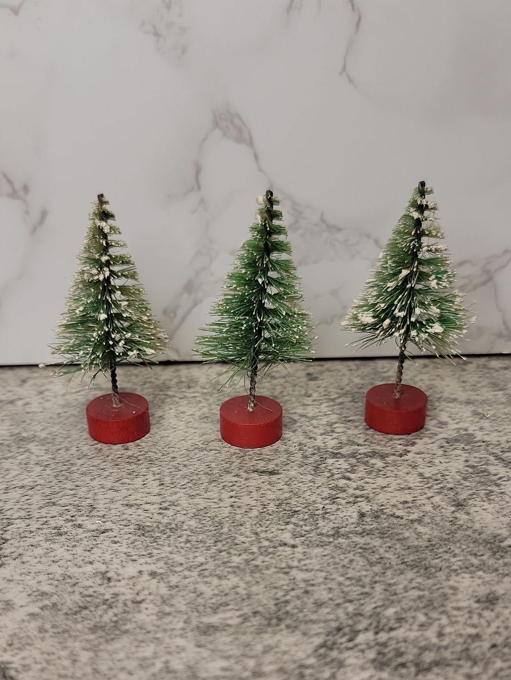 Vintage Bottle Brush Christmas Trees Set of Three with Snowy Tips and Red Bases